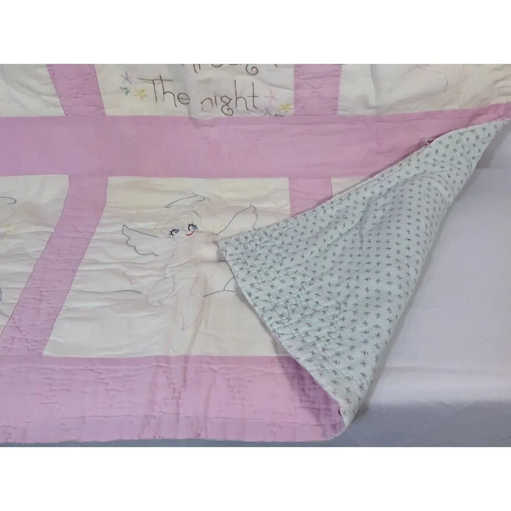 VTG Child Baby Crib Quilt Handmade Angel Pink Girl Sleep My Child Cottage Cherub